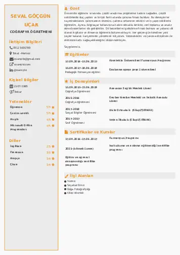 Coğrafya Öğretmeni CV Örnekleri cv indir